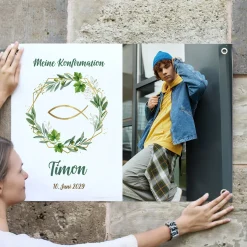 Personalisiertes Banner mit Foto zur Taufe, Kommunion, Konfirmation oder Firmung | Design mit Zweigen