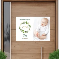 Personalisiertes Banner mit Foto zur Taufe, Kommunion, Konfirmation oder Firmung | Design mit Zweigen