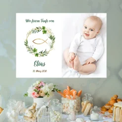 Personalisiertes Banner mit Foto zur Taufe, Kommunion, Konfirmation oder Firmung | Design mit Zweigen