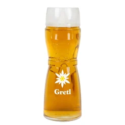 Personalisiertes Bierglas im Design einer Lederhose oder Dirndl mit Name | Edelweiß Motiv