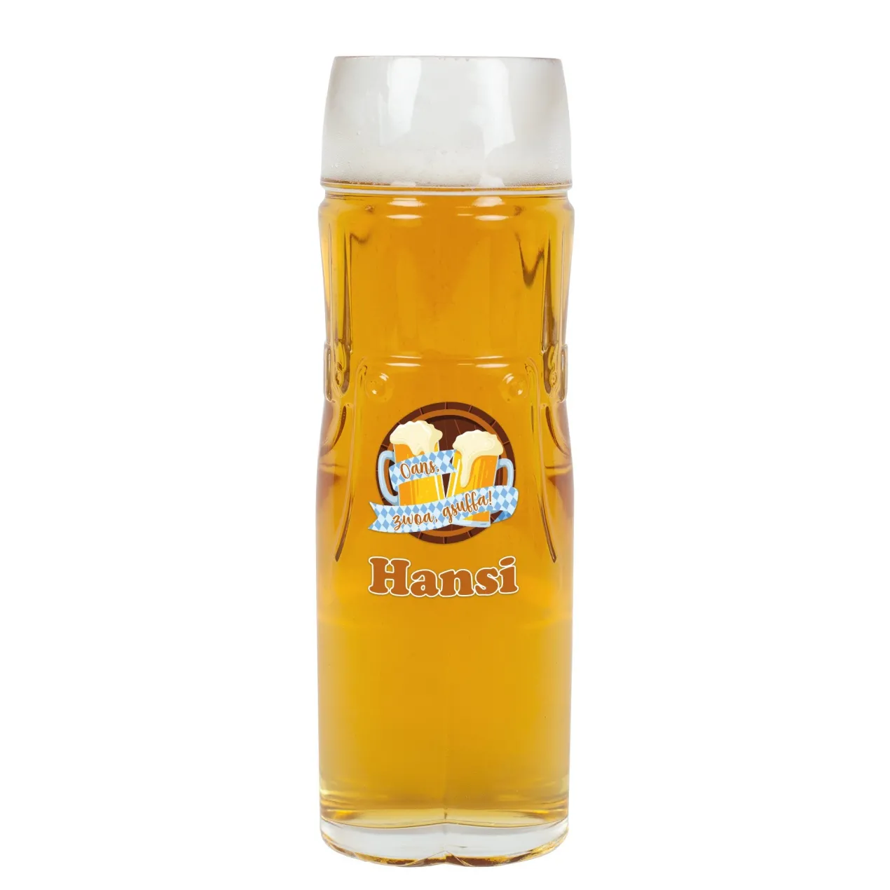 Personalisiertes Bierglas im Design einer Lederhose oder Dirndl mit Name | Oans, zwoa, gsuffa!