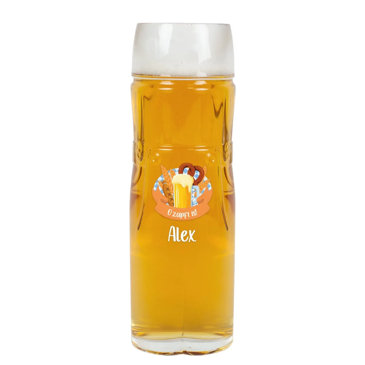 Personalisiertes Bierglas im Design einer Lederhose oder Dirndl mit Name und bayerischem Festmotiv