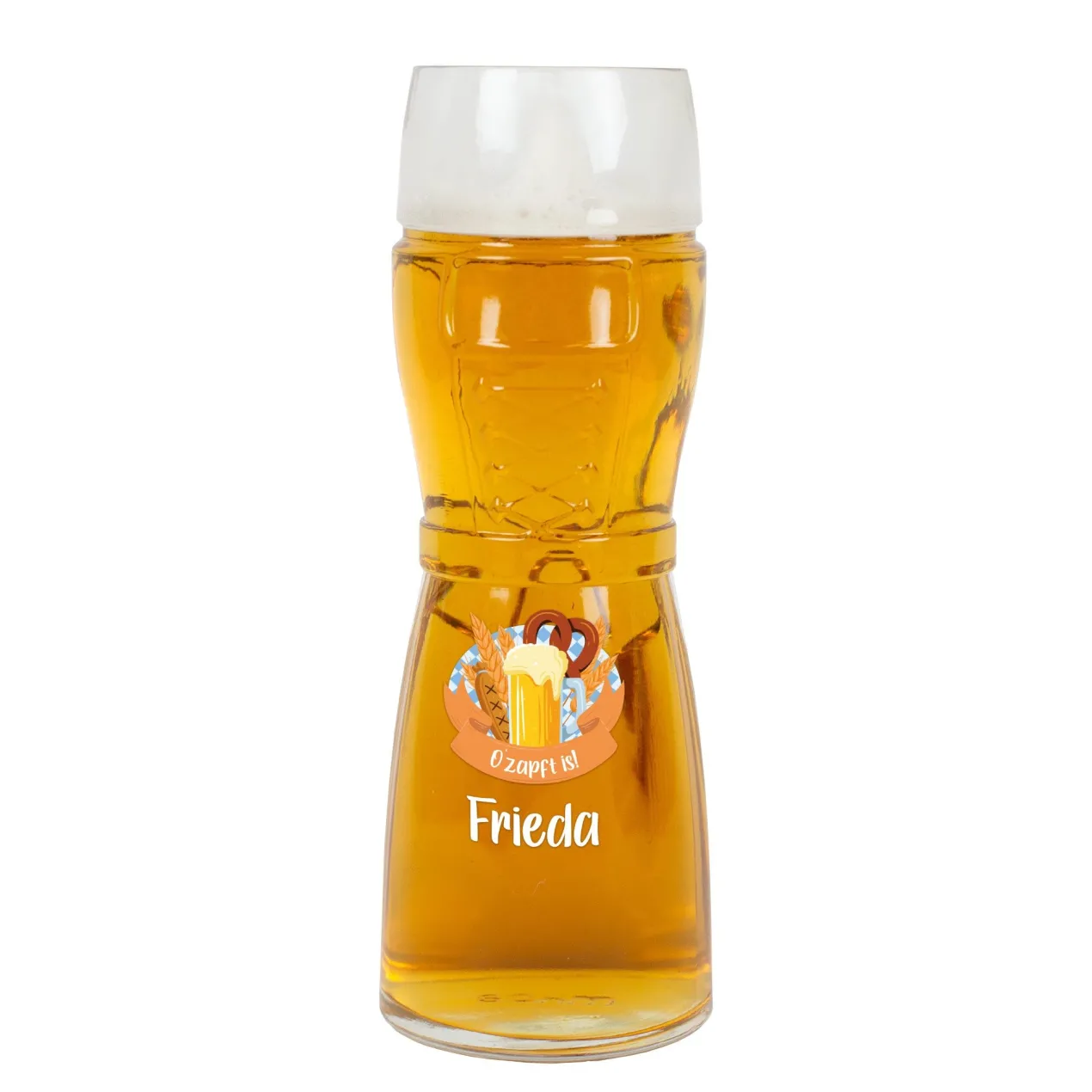 Personalisiertes Bierglas im Design einer Lederhose oder Dirndl mit Name und bayerischem Festmotiv