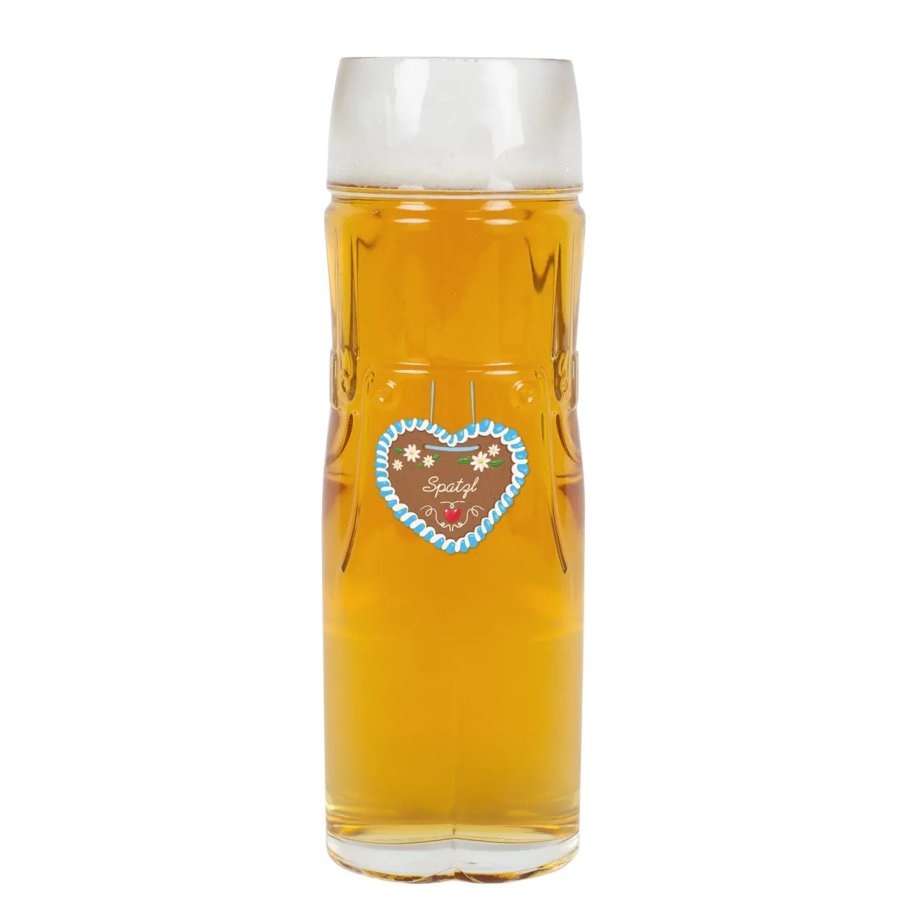 Personalisiertes Bierglas mit Name im Design einer Lederhose oder Dirndl und Lebkuchenherz Motiv
