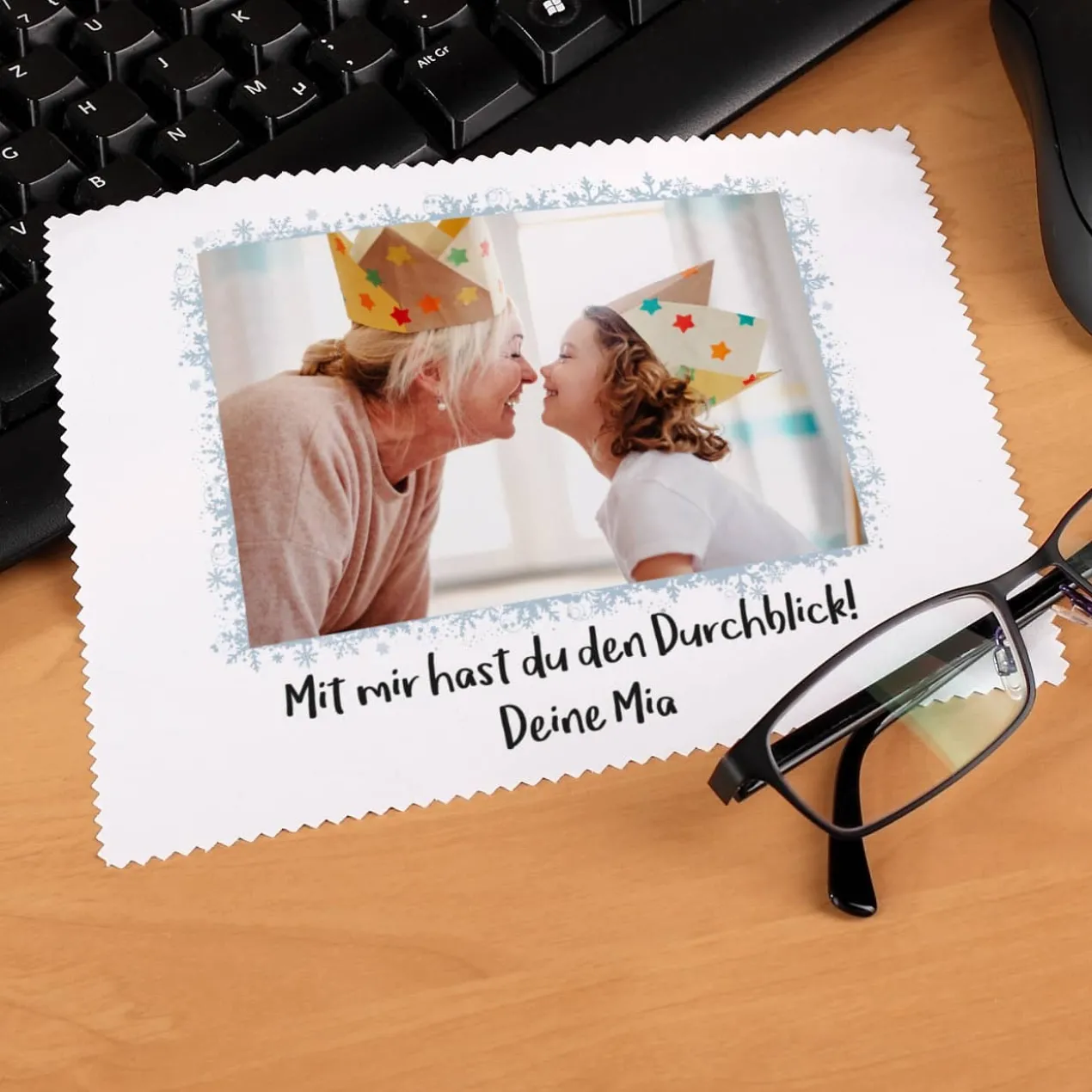 personalisiertes Brillenputztuch mit Wunschtext und Foto