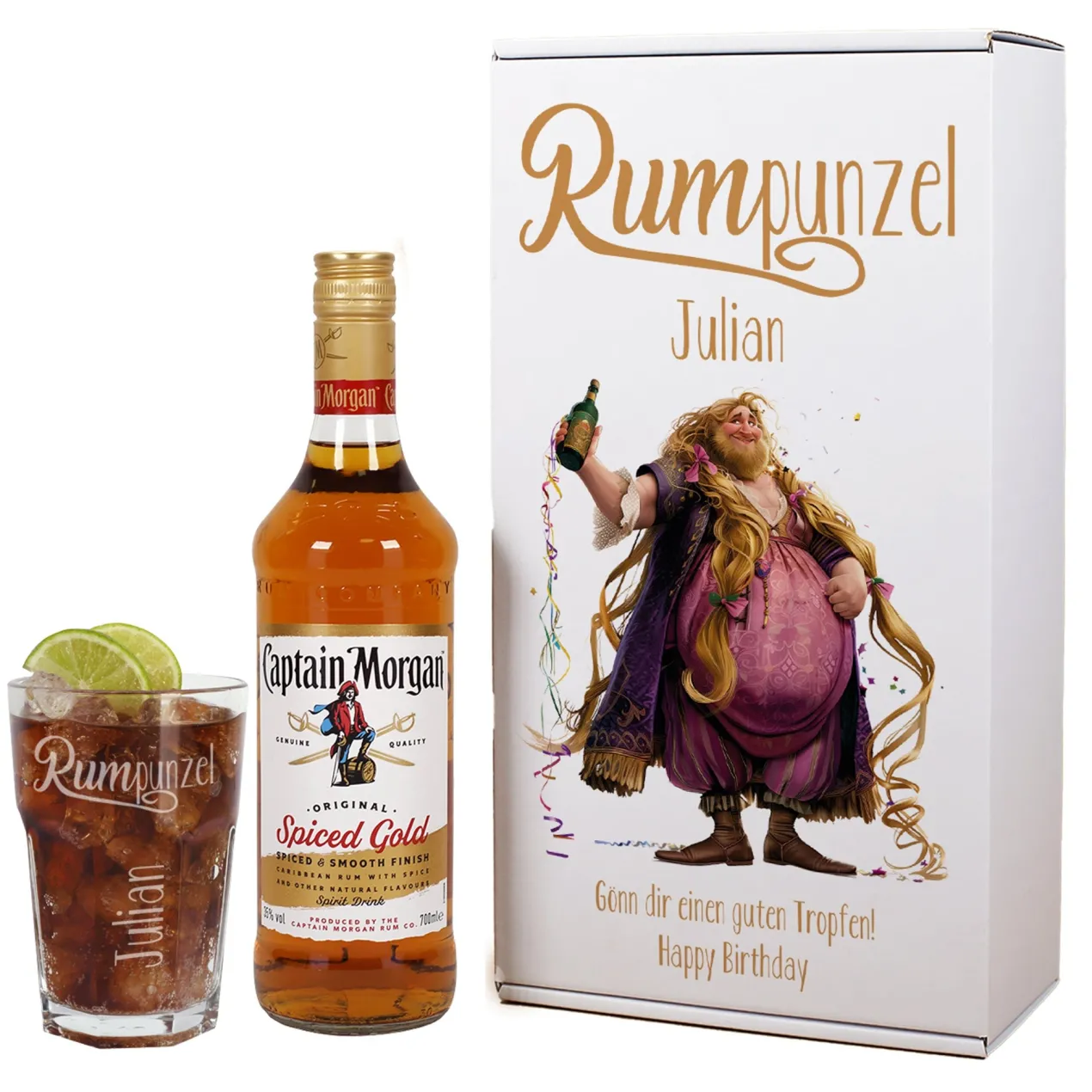 Personalisiertes Captain Morgan - Set in Geschenkbox mit graviertem Longdrinkglas | RUMpunzel