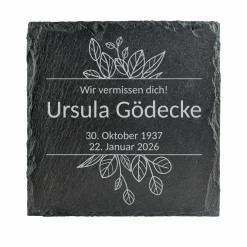Personalisierte Schieferplatte als Gedenktafel für Traueranlässe | Blätter-Motiv