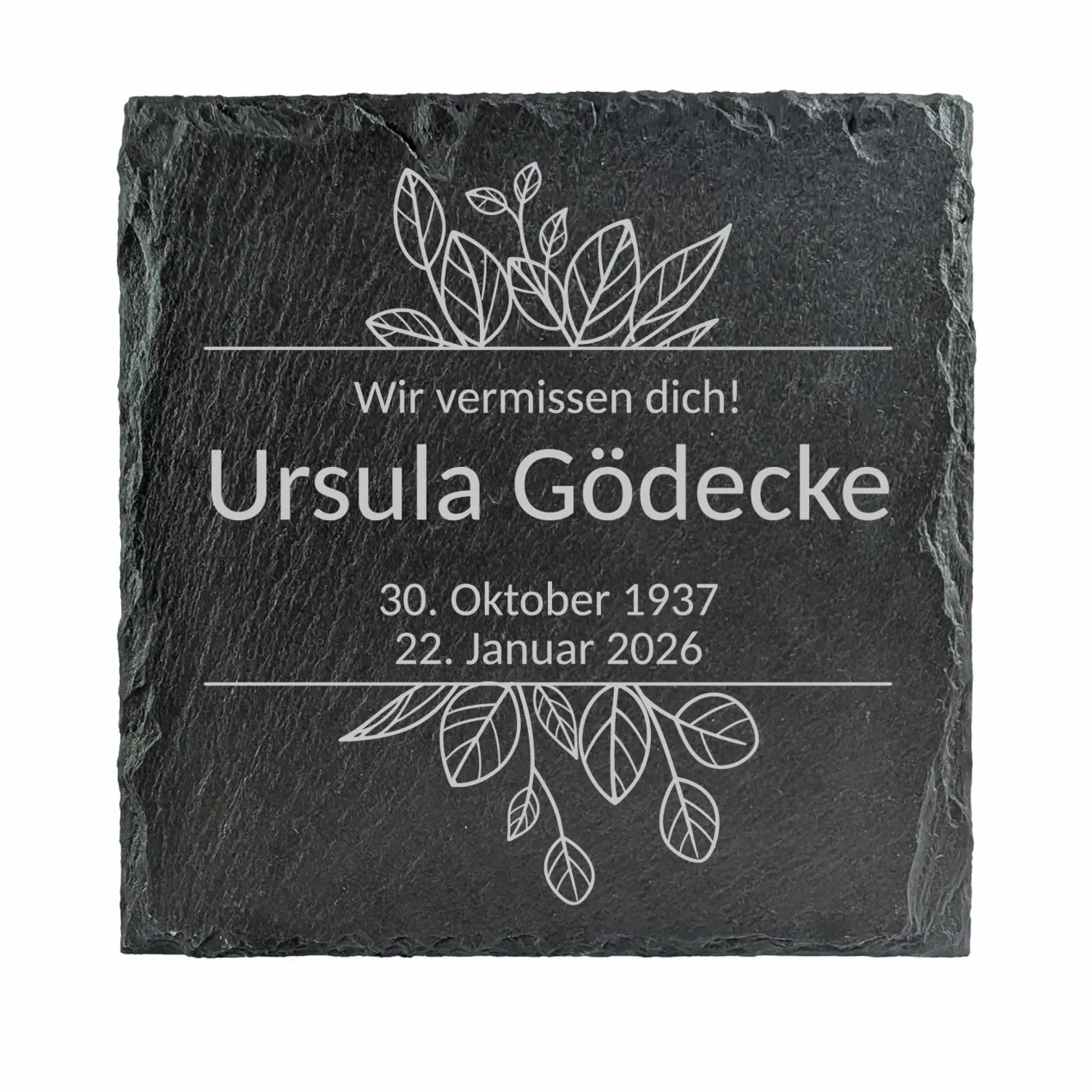 Personalisierte Schieferplatte als Gedenktafel für Traueranlässe | Blätter-Motiv