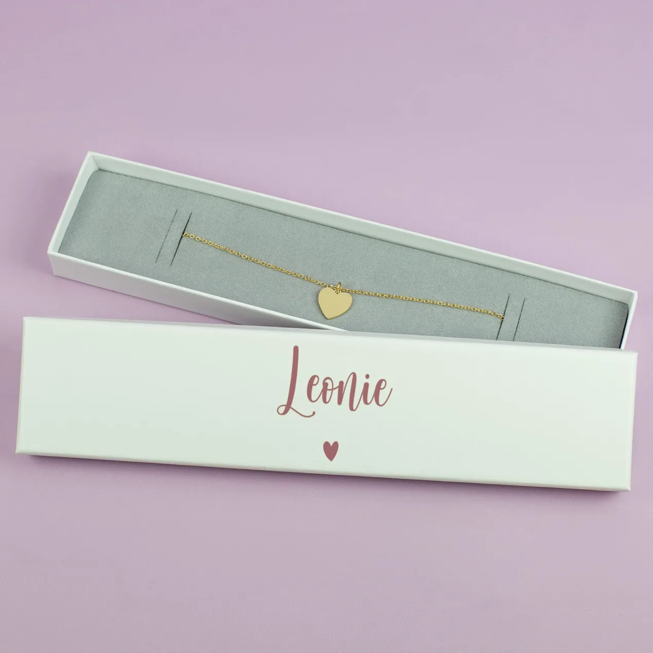 Personalisierte Schmuckverpackung mit Name & Herzsymbol | Geschenkbox für Armbänder mit Farbauswahl