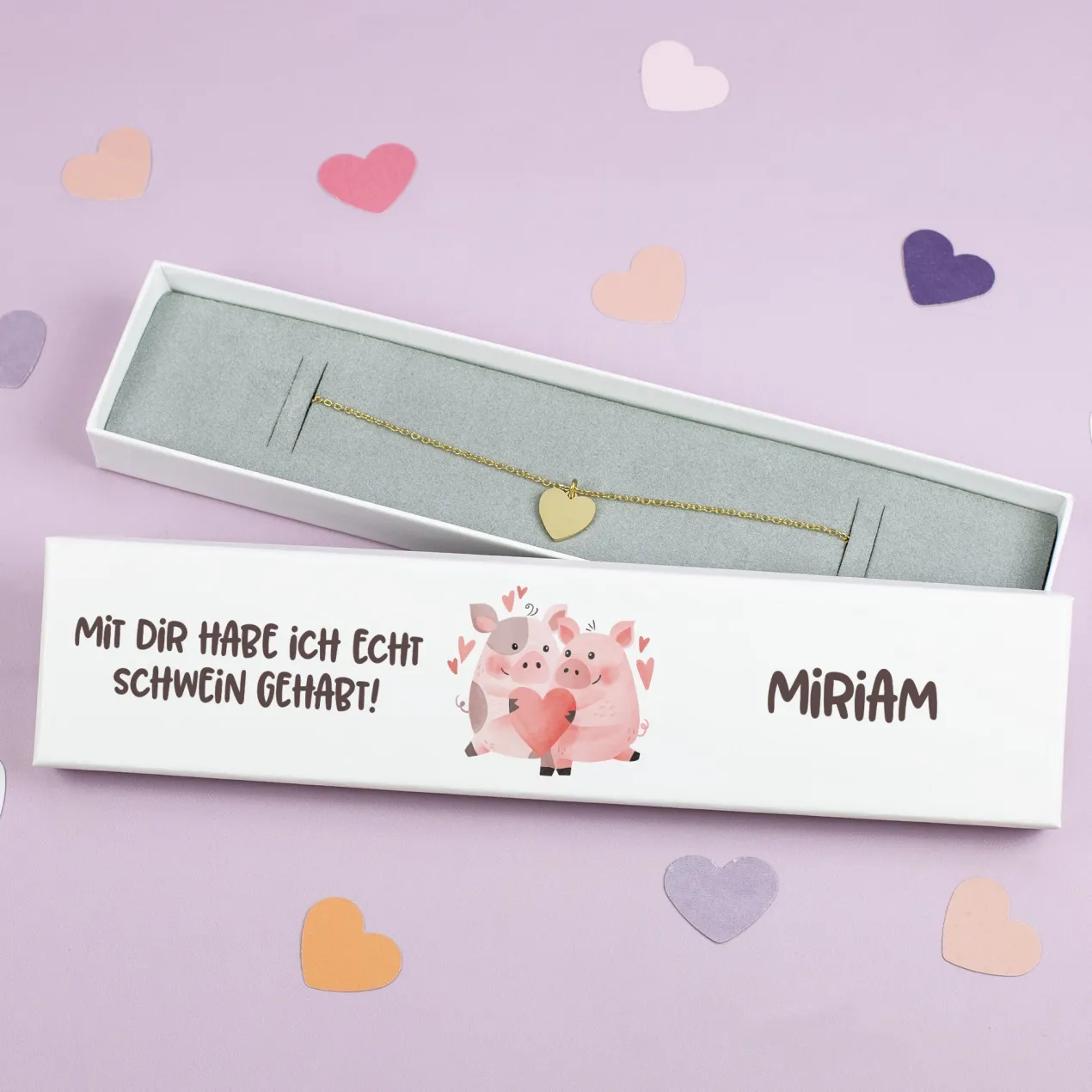 Personalisierte Schmuckverpackung mit Wunschtext 'Schwein gehabt' | Witzige Geschenkbox für Paare