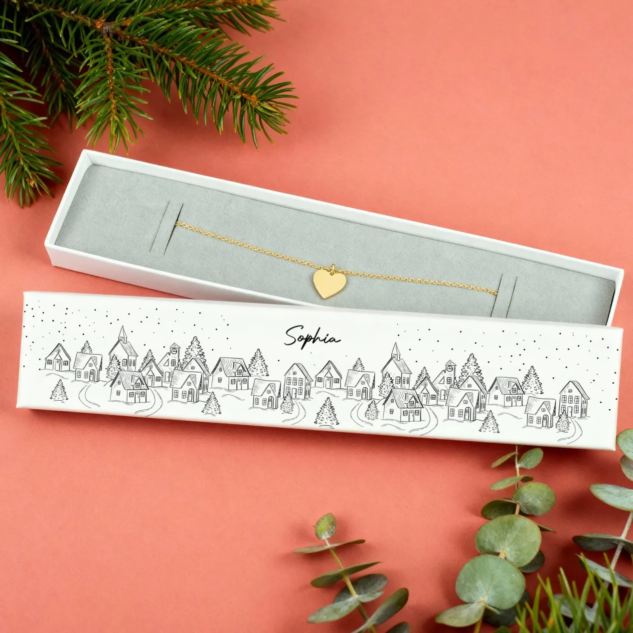 Personalisierte Schmuckverpackung zu Weihnachten mit Winterlandschaft & Name | Geschenkbox für Armbänder