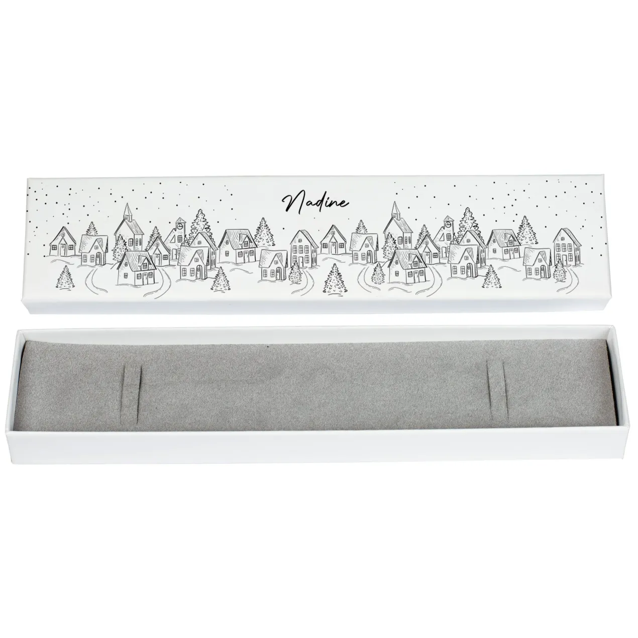 Personalisierte Schmuckverpackung zu Weihnachten mit Winterlandschaft & Name | Geschenkbox für Armbänder