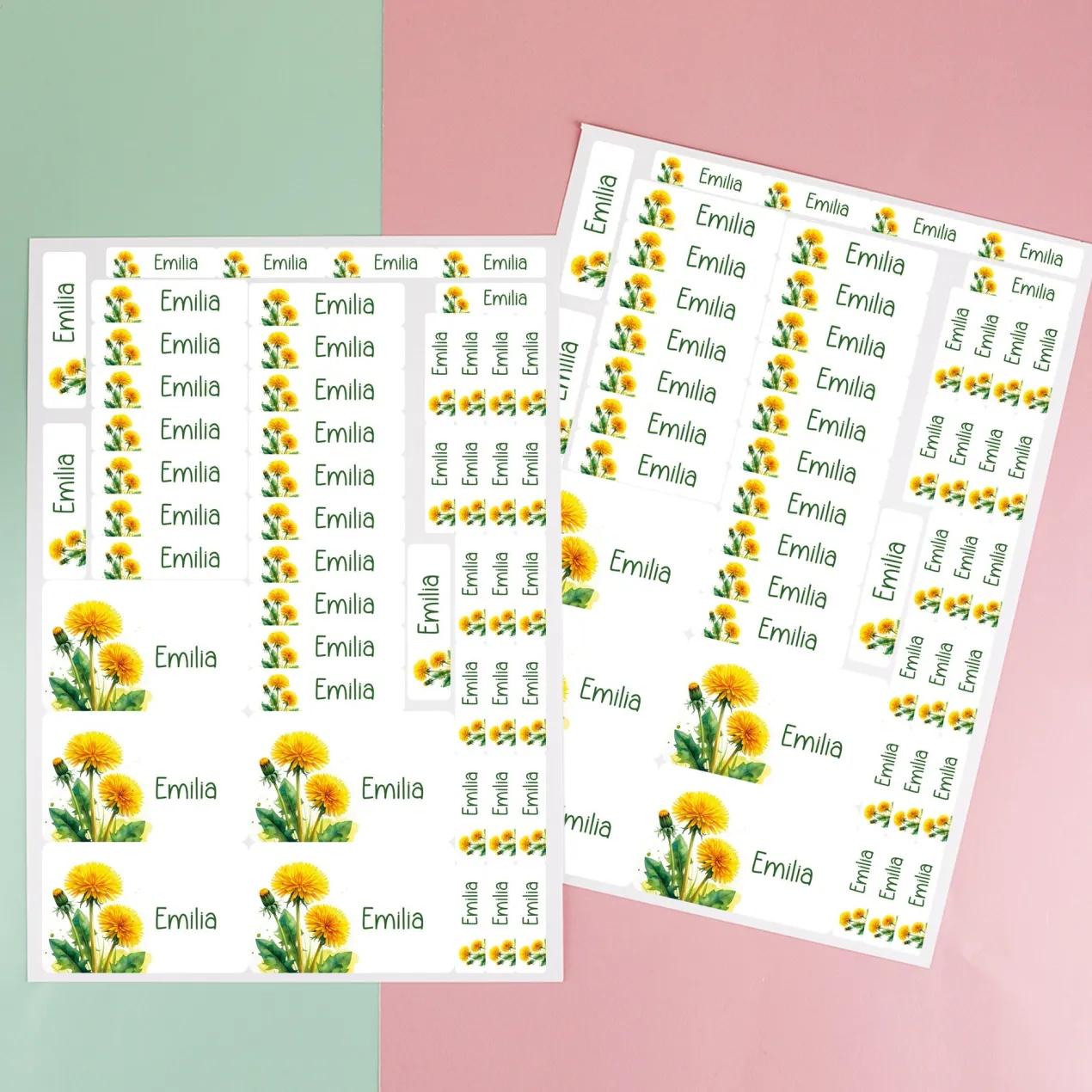 Personalisierte Schulaufkleber mit Name & Löwenzahn Motiv | 100-teiliges Set für Jungen und Mädchen