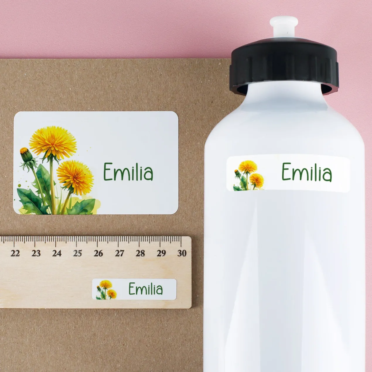 Personalisierte Schulaufkleber mit Name & Löwenzahn Motiv | 100-teiliges Set für Jungen und Mädchen