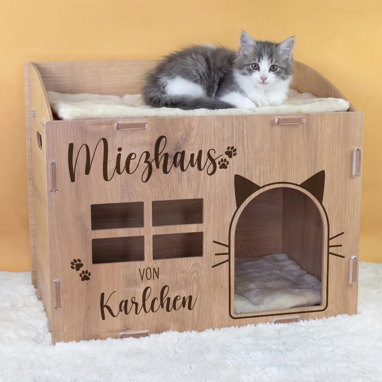 Personalisiertes clipfritz Katzenhaus 'Miezhaus' aus Holz mit Name | Geschenk für Katzen
