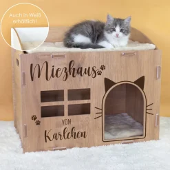 Personalisiertes clipfritz Katzenhaus 'Miezhaus' aus Holz mit Name | Geschenk für Katzen