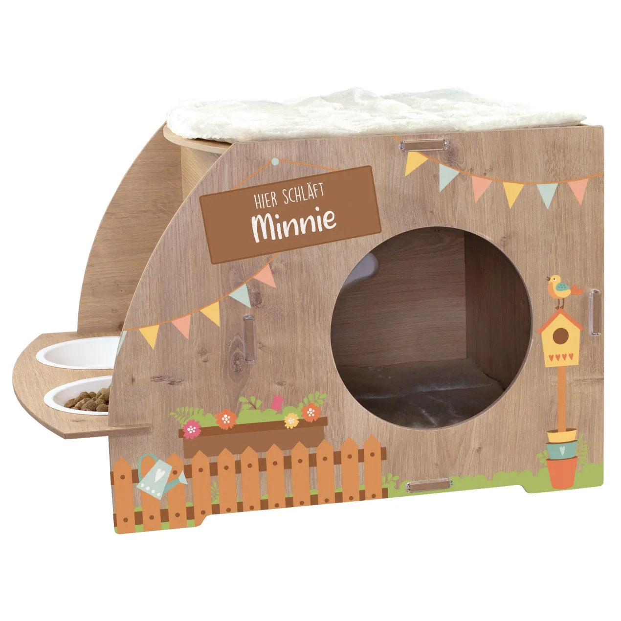 Personalisiertes clipfritz Katzenhaus aus Holz mit Futterstation & Kissen | Geschenk für Katzen