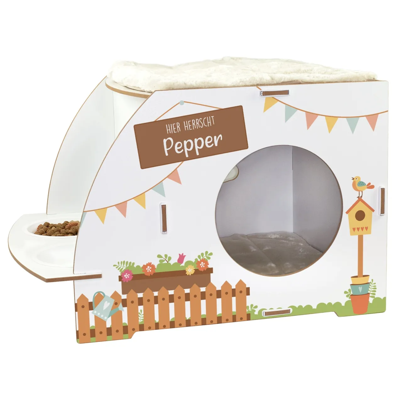 Personalisiertes clipfritz Katzenhaus aus Holz mit Futterstation & Kissen | Geschenk für Katzen