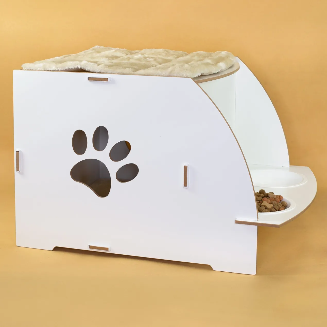 Personalisiertes clipfritz Katzenhaus aus Holz mit Futterstation & Kissen | Geschenk für Katzen