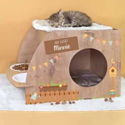 Personalisiertes clipfritz Katzenhaus aus Holz mit Futterstation & Kissen | Geschenk für Katzen