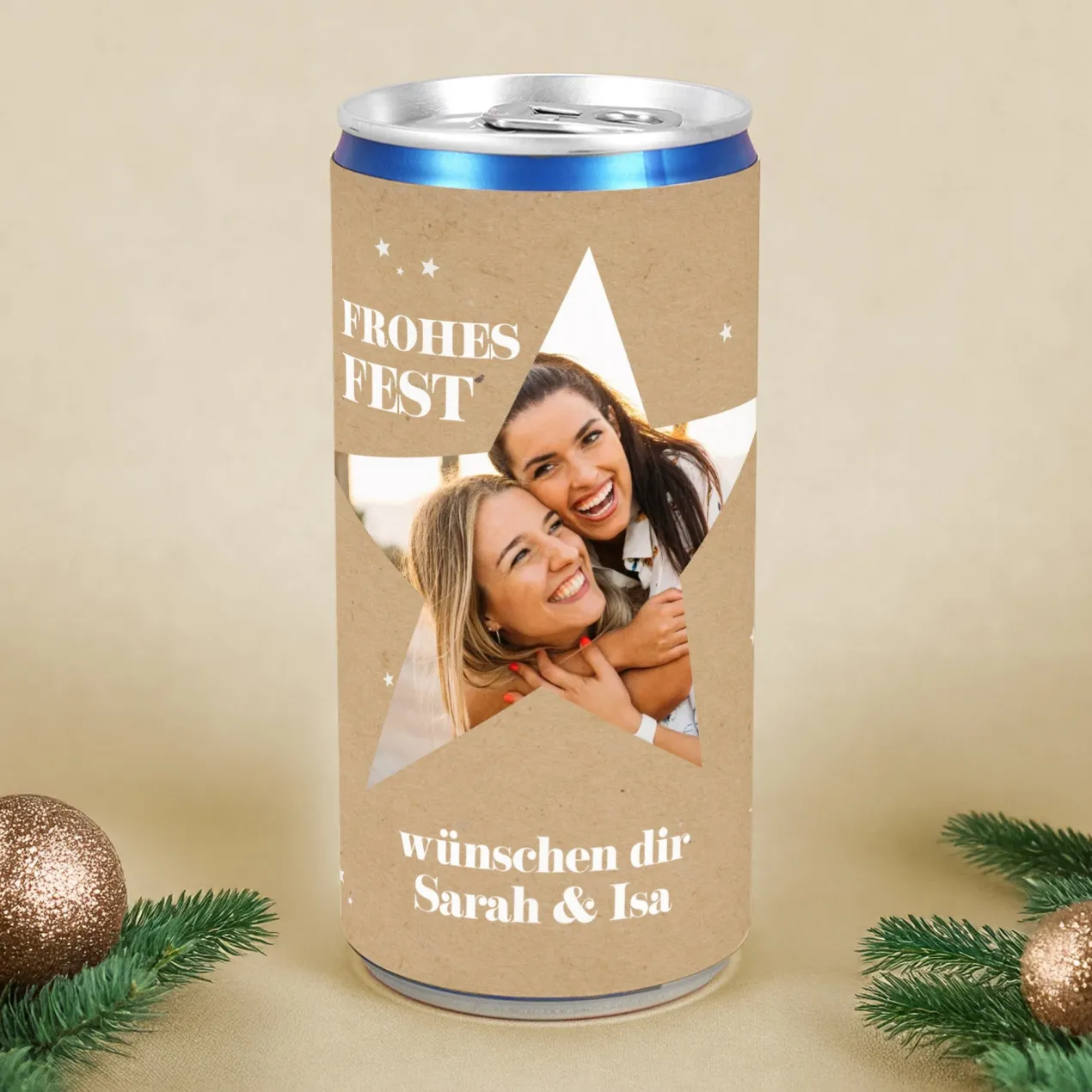 Personalisierte Secco-Dose mit Foto im Stern & Wunschtext | Frohes Fest Geschenk zu Weihnachten