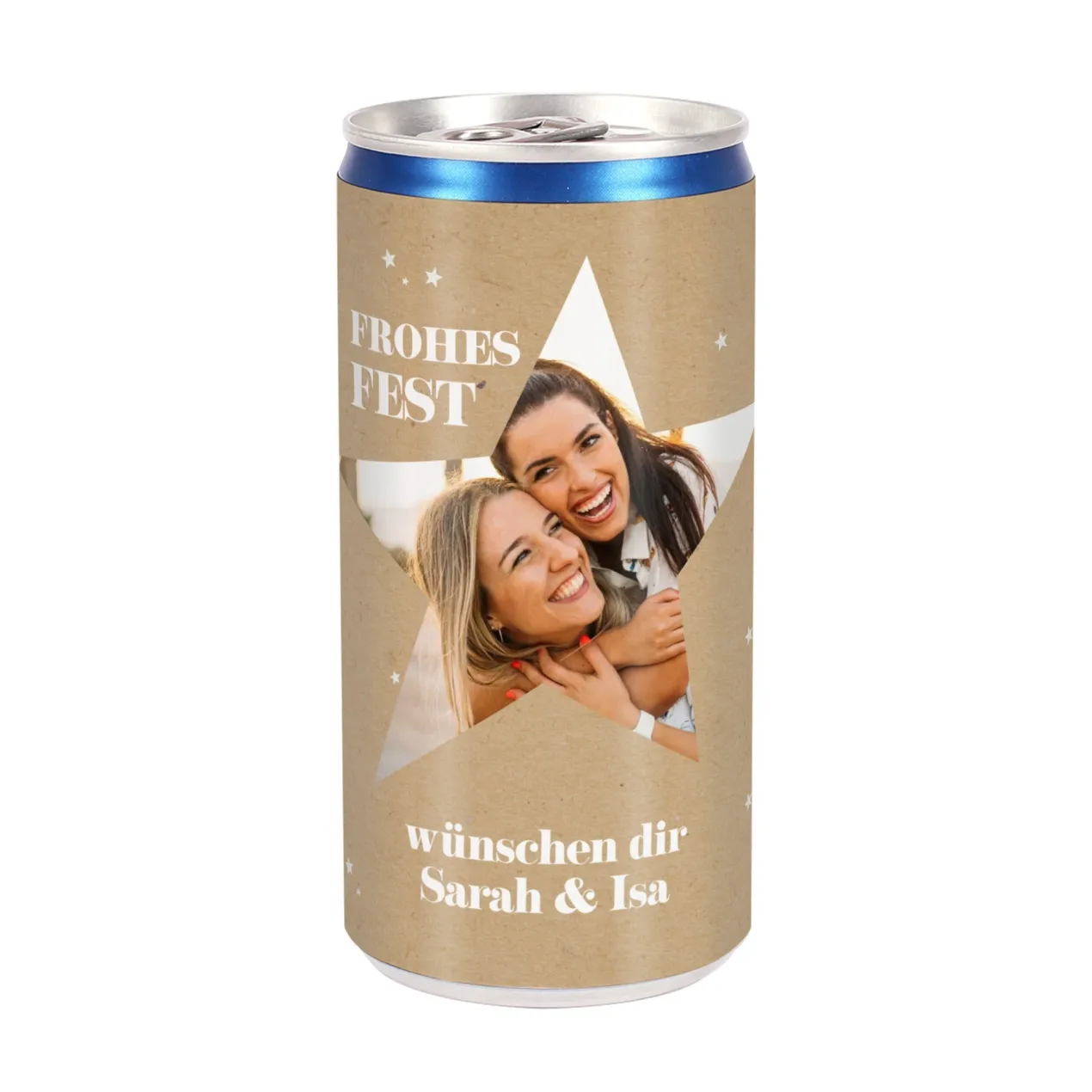 Personalisierte Secco-Dose mit Foto im Stern & Wunschtext | Frohes Fest Geschenk zu Weihnachten