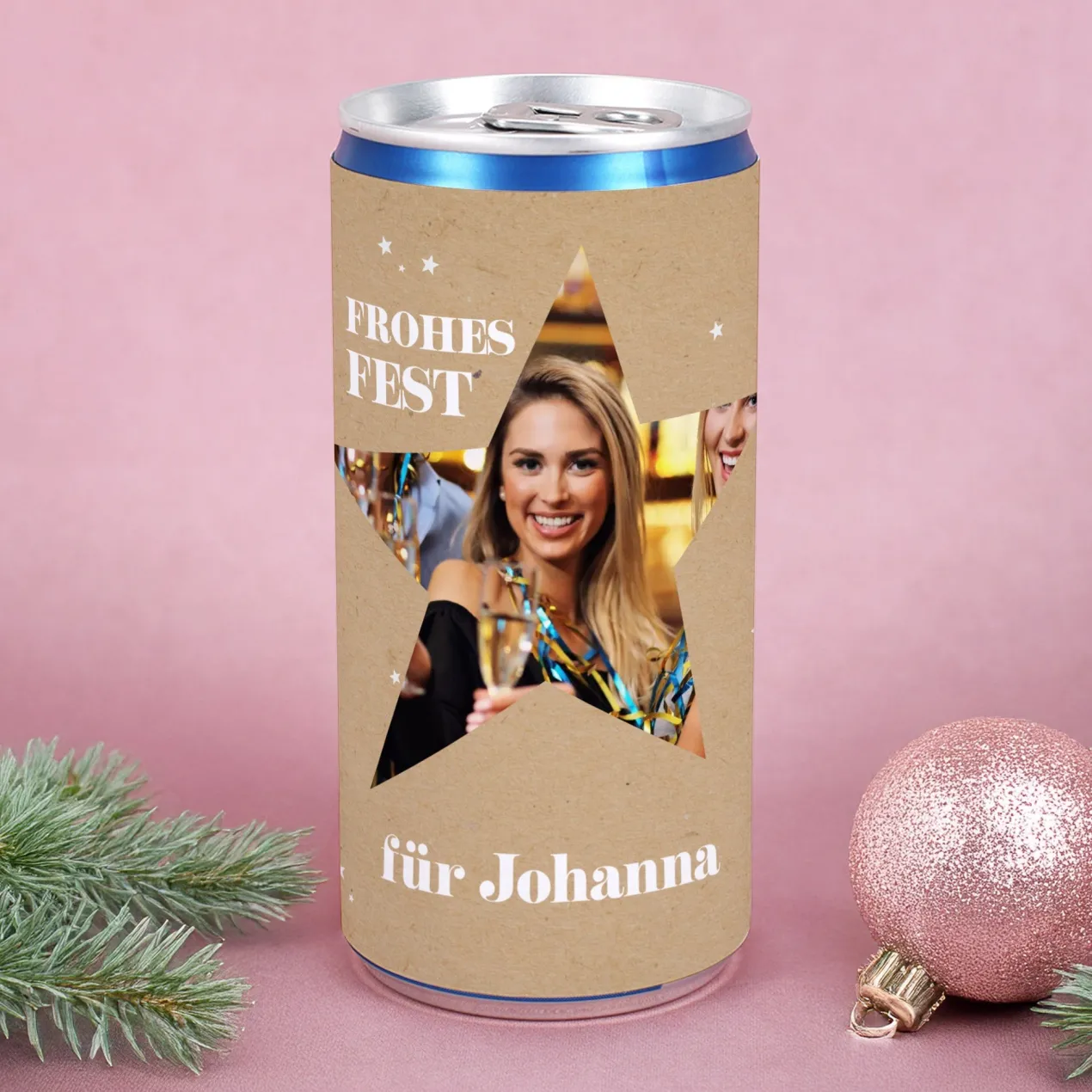 Personalisierte Secco-Dose mit Foto im Stern & Wunschtext | Frohes Fest Geschenk zu Weihnachten