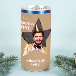Personalisierte Secco-Dose mit Foto im Stern & Wunschtext | Frohes Fest Geschenk zu Weihnachten