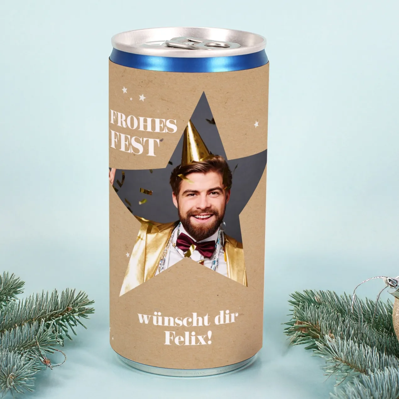 Personalisierte Secco-Dose mit Foto im Stern & Wunschtext | Frohes Fest Geschenk zu Weihnachten