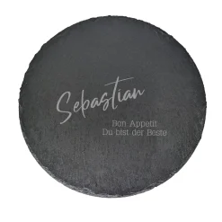 Personalisierte Servierplatte aus Schiefer mit Name und Wunschtext | Rund