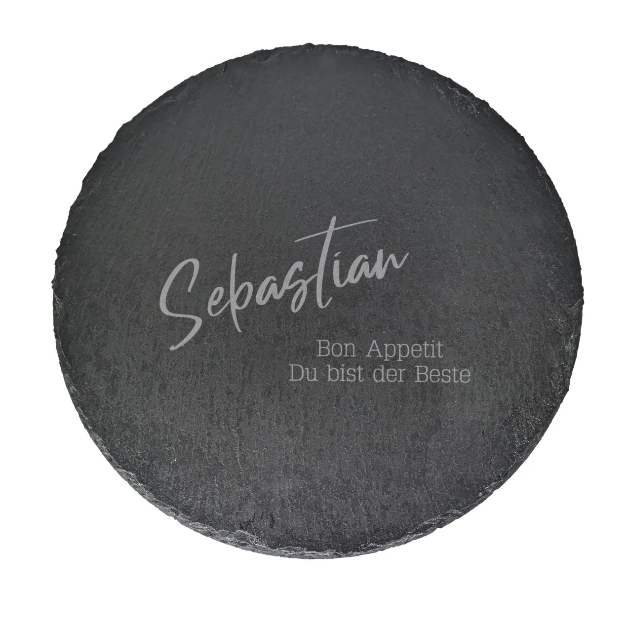 Personalisierte Servierplatte aus Schiefer mit Name und Wunschtext | Rund