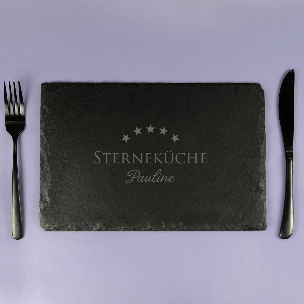 Personalisierte Servierplatte aus Schiefer mit Name | Rechteckig | Sterneküche-Motiv