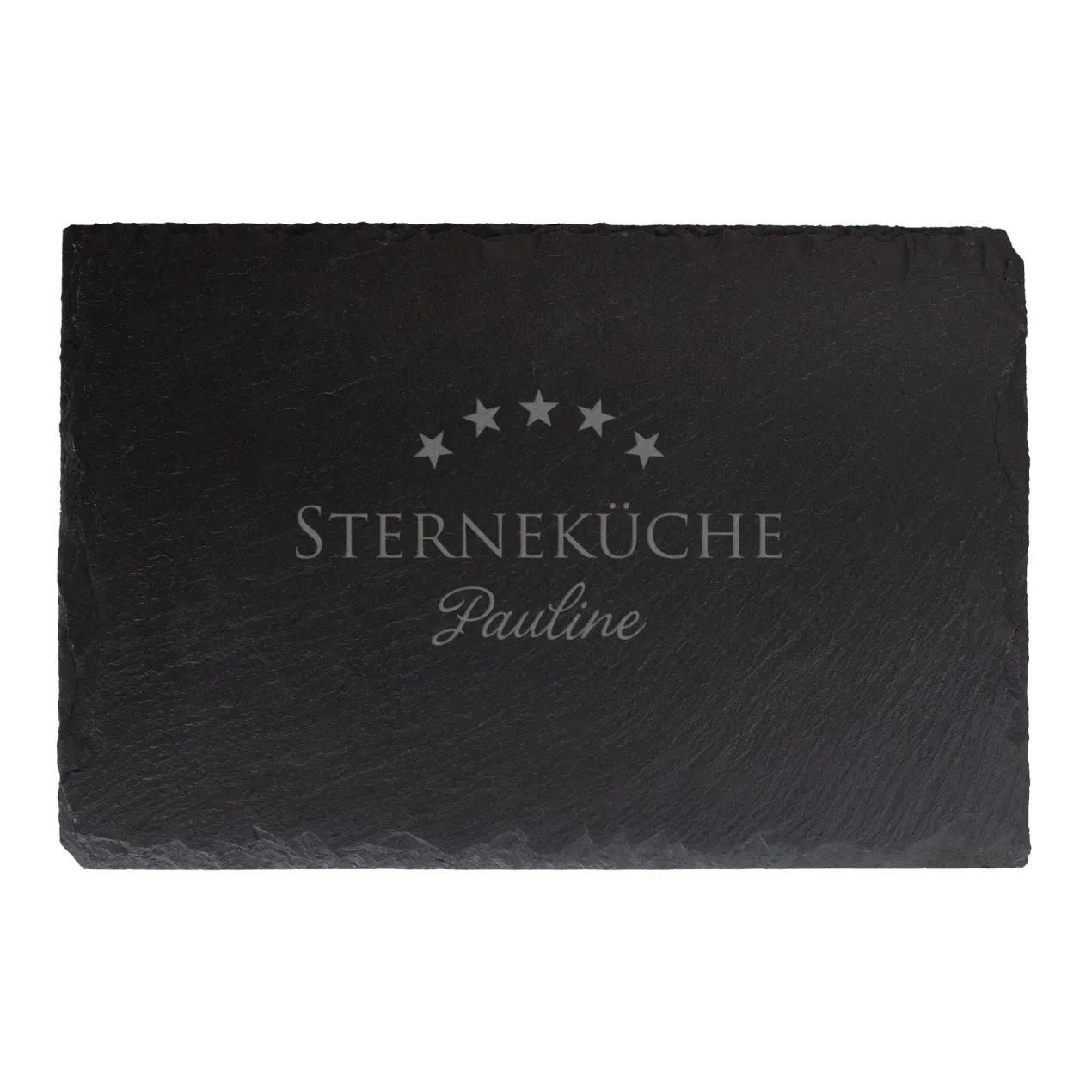 Personalisierte Servierplatte aus Schiefer mit Name | Rechteckig | Sterneküche-Motiv