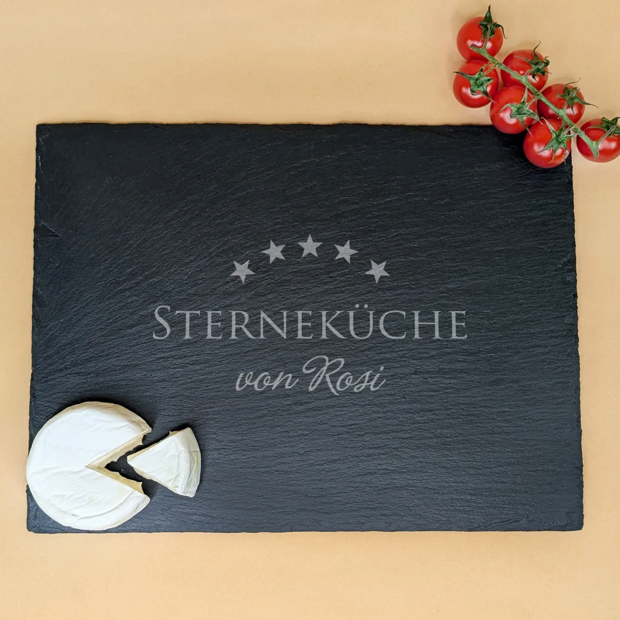 Personalisierte Servierplatte aus Schiefer mit Name | Rechteckig | Sterneküche-Motiv