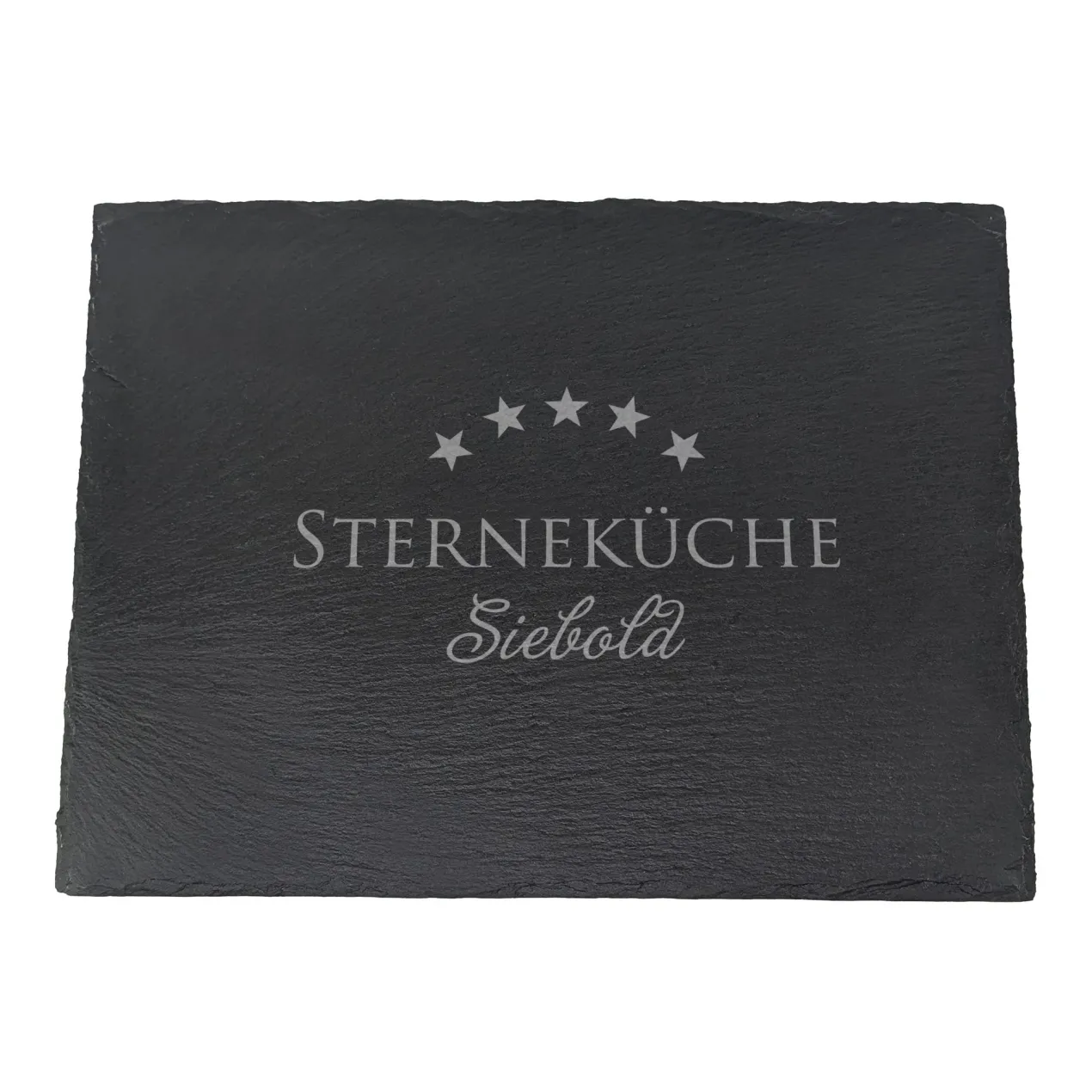 Personalisierte Servierplatte aus Schiefer mit Name | Rechteckig | Sterneküche-Motiv