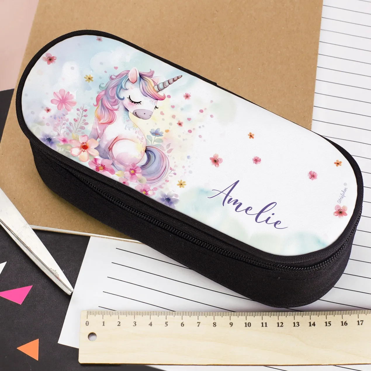 Personalisiertes Federmäppchen mit Name und Einhorn Motiv für Mädchen | Stiftebox & Etui