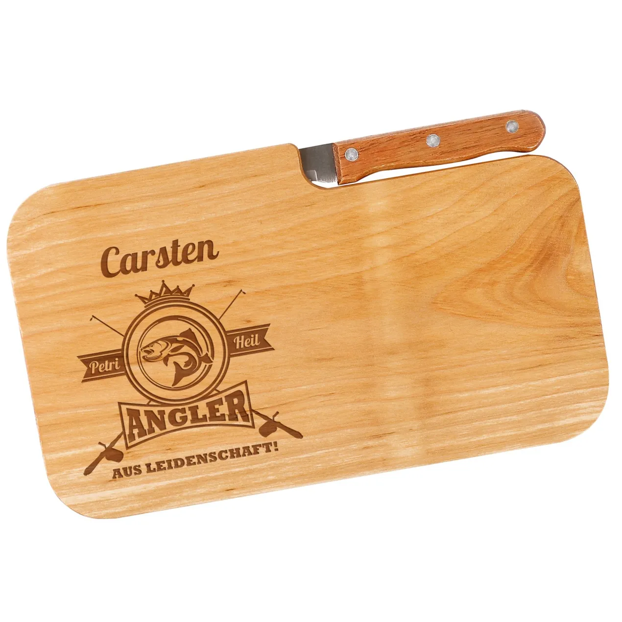 Personalisiertes Frühstücksbrettchen mit Anglermotiv & Name | Holzbrettchen mit Messer für Angler