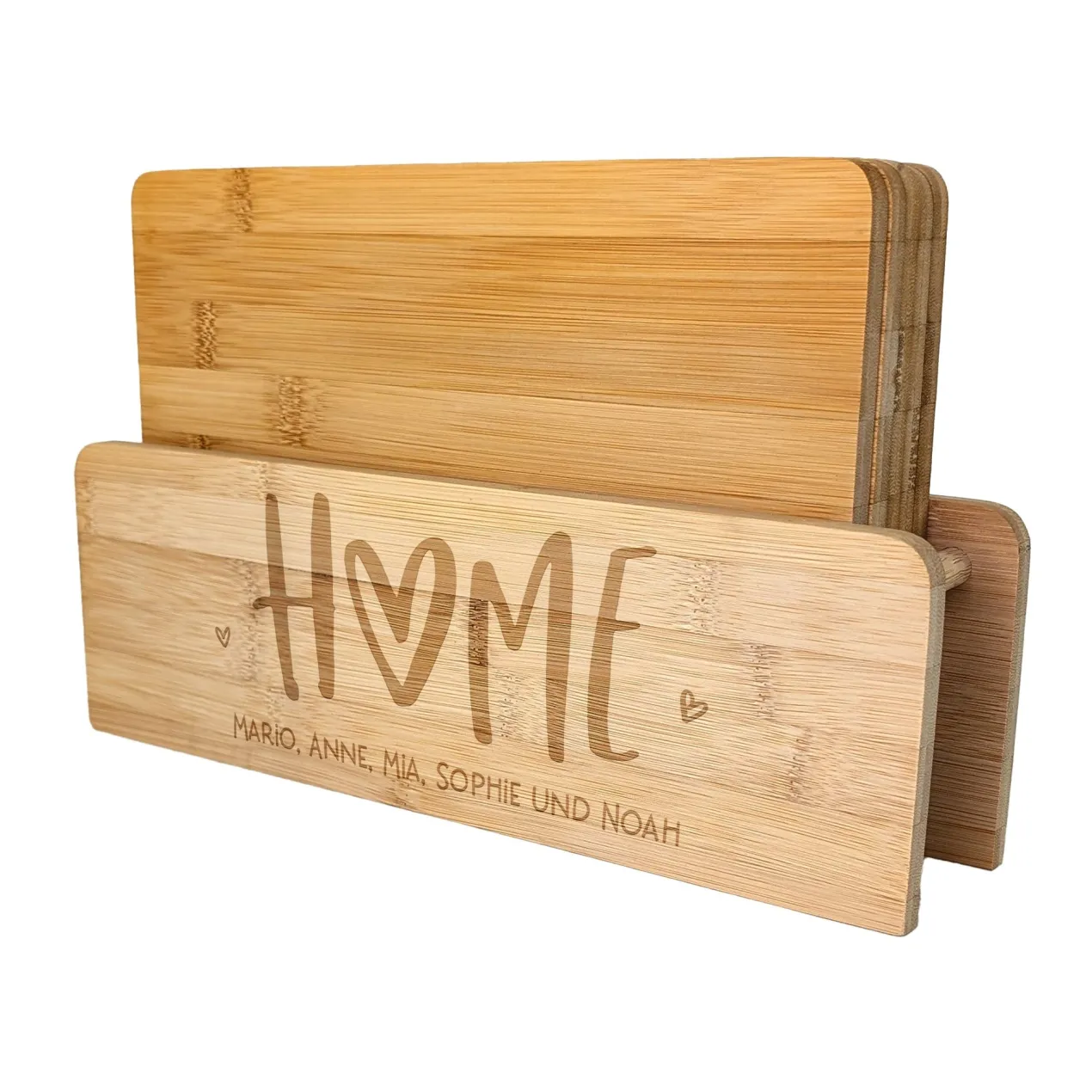 Personalisiertes Frühstücksbrettchen-Set aus Bambus mit Ständer | HOME-Motiv & Wunschtext
