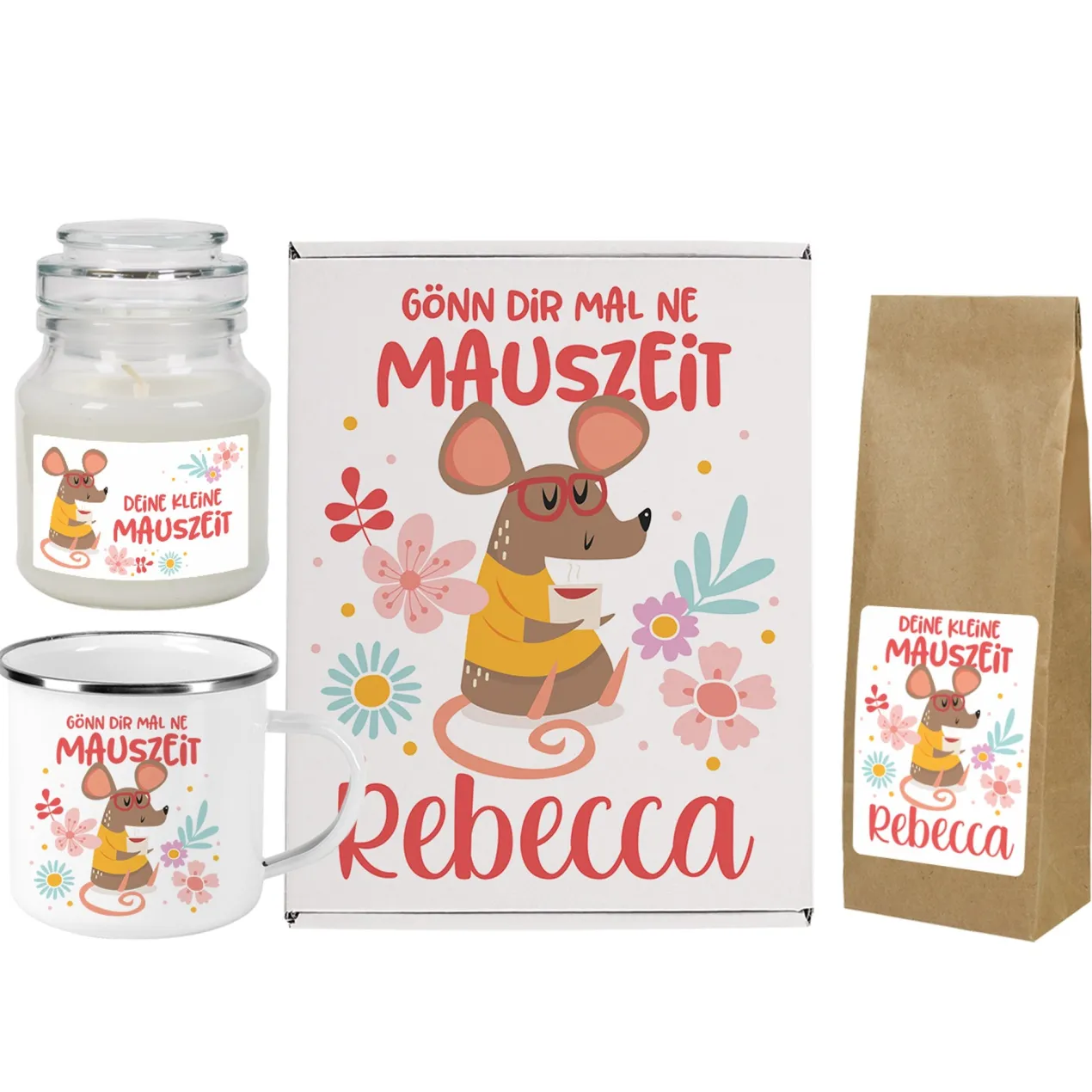 Personalisiertes Geschenkset mit Tasse, Tee und Duftkerze | Kleine Mauszeit