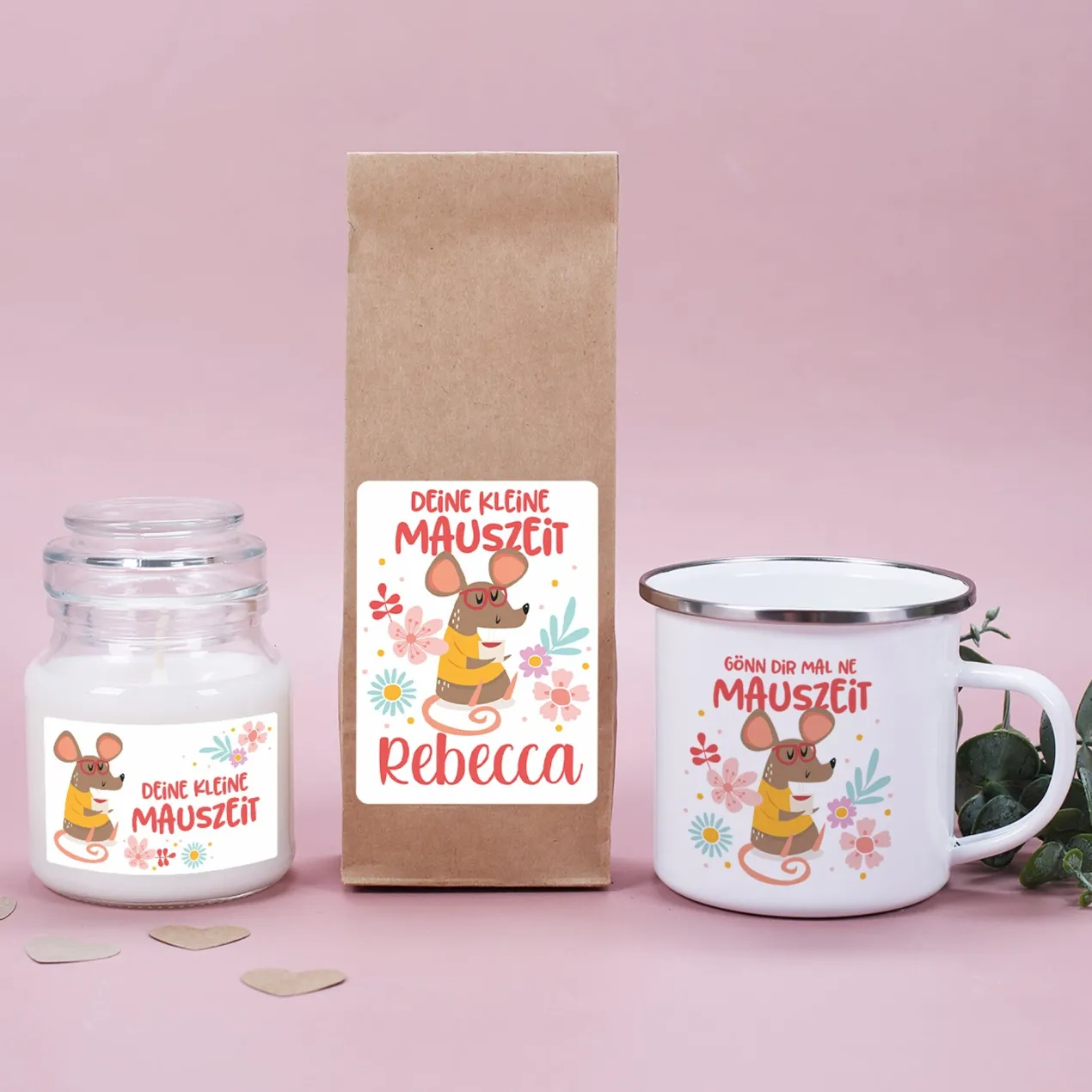 Personalisiertes Geschenkset mit Tasse, Tee und Duftkerze | Kleine Mauszeit