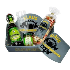 Personalisiertes Geschenkset für Handwerker | Präsentkorb mit Handtuch, Bierglas, Landbier, Nudeln & Pesto