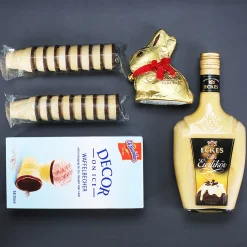 Personalisiertes Geschenkset zu Ostern mit Lindt Goldhase & Eierlikör im Holzkorb 'ihr Eierköppe'