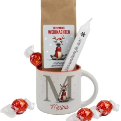 Personalisiertes Geschenkset mit Yoga-Rentier für Weihnachten – Tasse, Tee, Kerze & Lindorkugeln