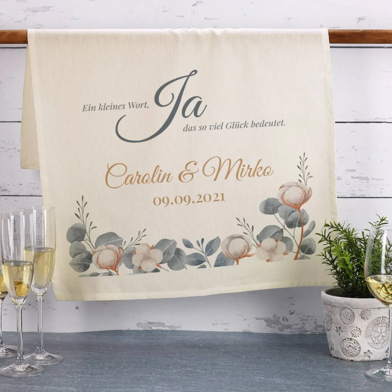 Personalisiertes Geschirrtuchtuch zur Hochzeit - Ja - Ein kleines Wort, das so viel Glück bedeutet