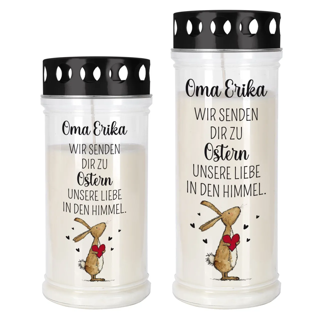 Personalisiertes Grablicht zu Ostern mit Wunschtext | Trauerkerze 'Wir senden Liebe in den Himmel'