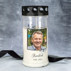 Personalisiertes Grablicht mit Foto, Name & Datum | 2 Größen