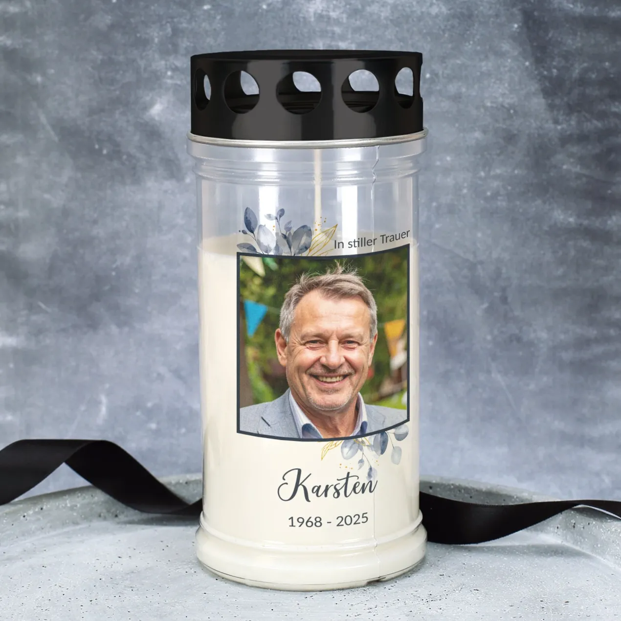 Personalisiertes Grablicht mit Foto, Name & Datum | 2 Größen