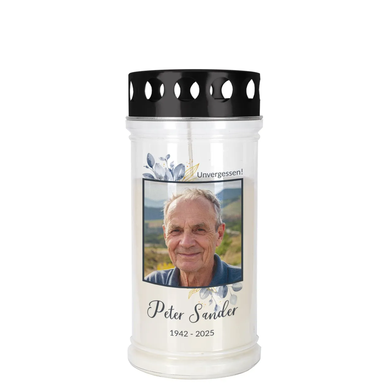 Personalisiertes Grablicht mit Foto, Name & Datum | 2 Größen