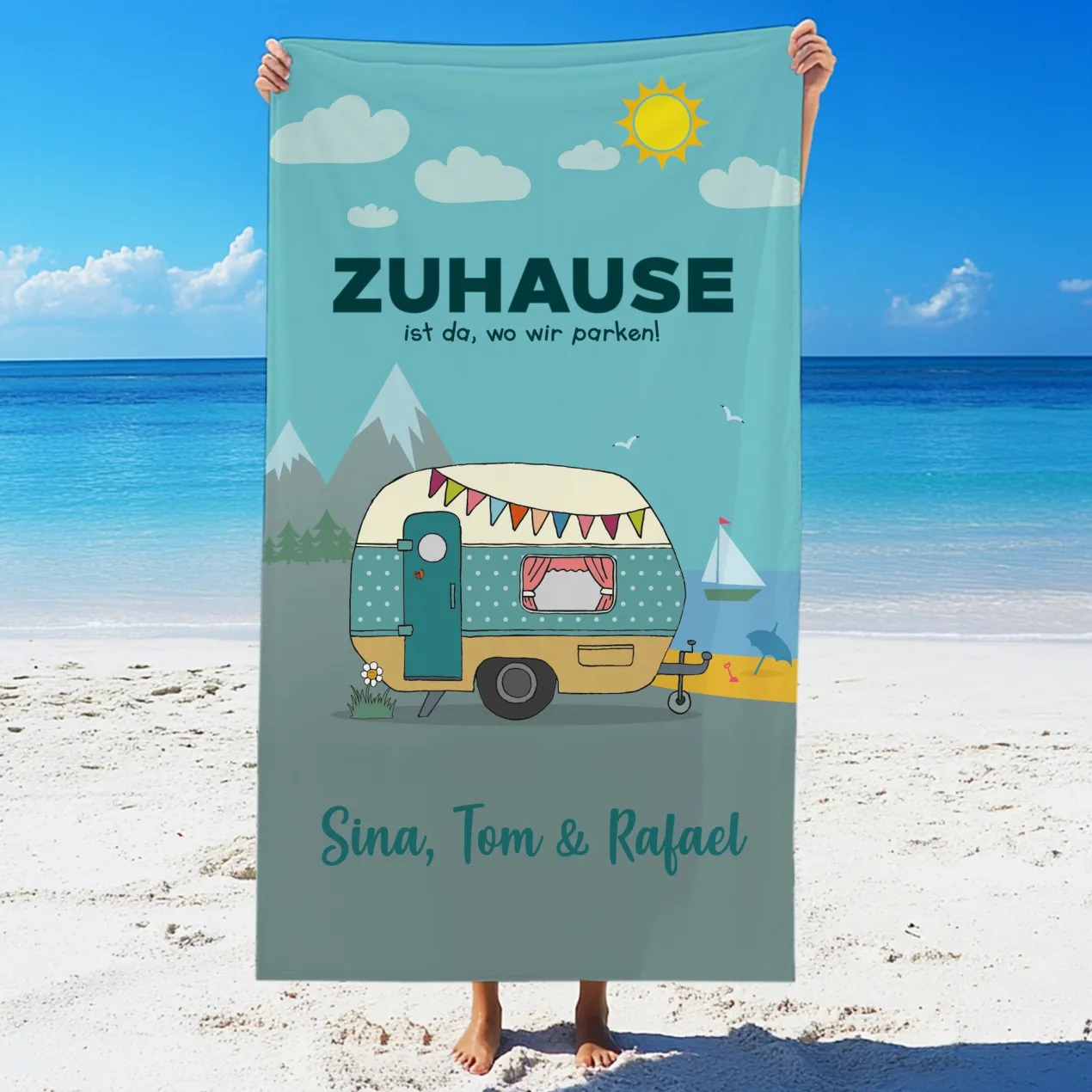 Personalisiertes Handtuch mit Wunschtext für den Campingurlaub in 3 Größen | Geschenk für den Urlaub