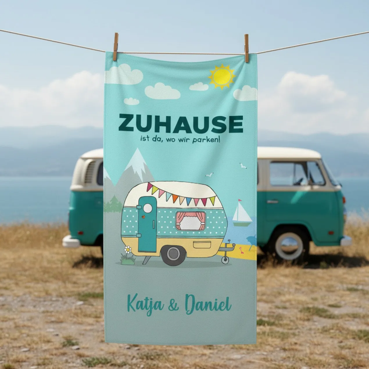 Personalisiertes Handtuch mit Wunschtext für den Campingurlaub in 3 Größen | Geschenk für den Urlaub